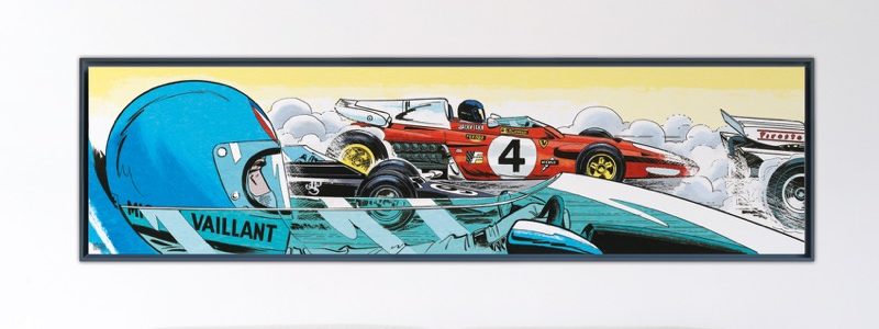 Michel Vaillant Art Strips – Ickx's Ferrari – Papier Fine Art en caisse américaine noire – 66x250 cm